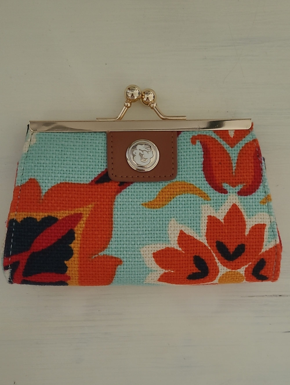 Spartina 449 Floral Canvas Kiss-Lock Wallet - Light Blue & Orange